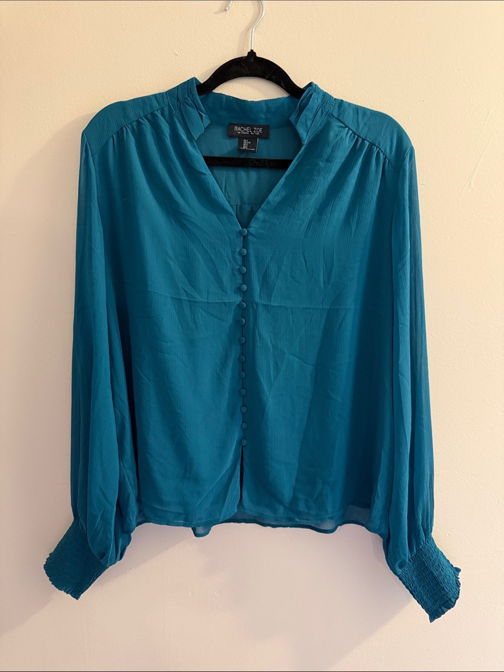 Rachel Zoe Teal Button-Front Long-Sleeve Blouse with Smocked Cuffs